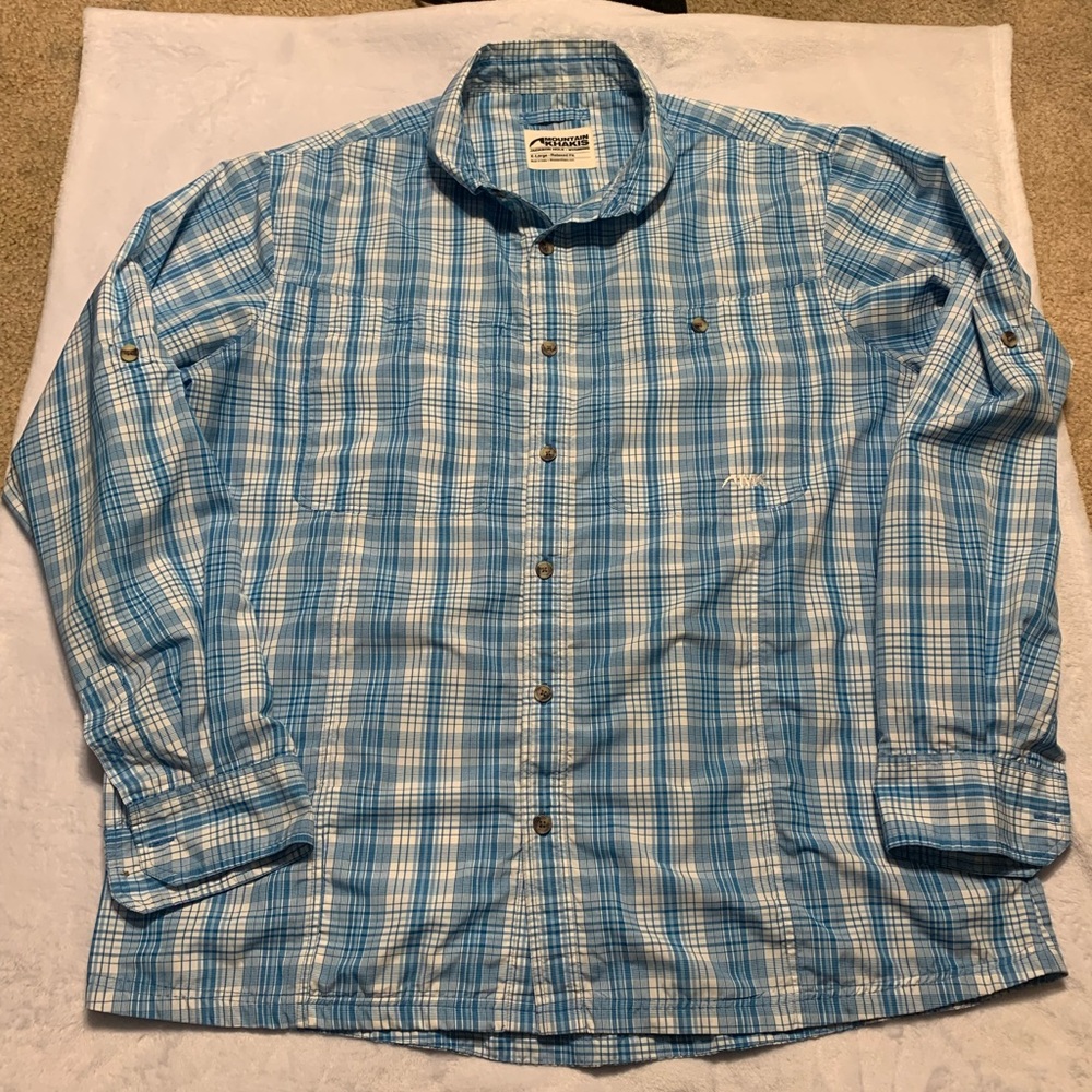 Mountain Khakis men’s blue/white stripe Buttondown Shirt Sz XL
